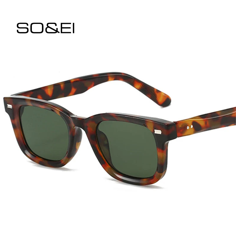 SO&EI Retro Square Mulheres Rebites Óculos de Sol Moda Verde Escuro Tons UV400