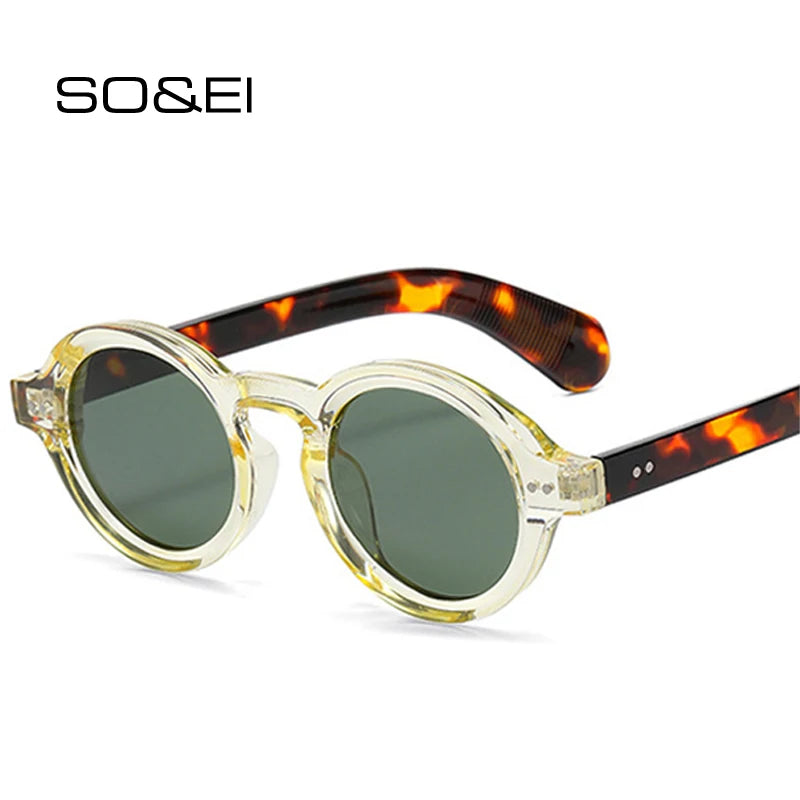 SO&EI Retro Rodada Mulheres Polarizadas Óculos de Sol Moda Rebites Decoração Homens Punk Shades UV400 Leopardo Óculos de Sol