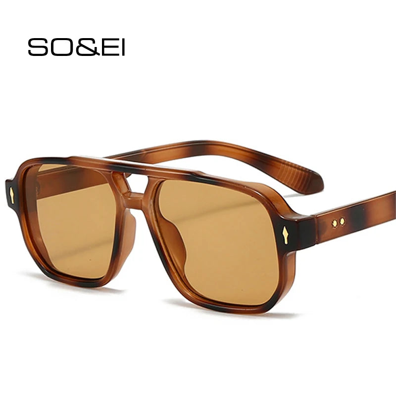 SO & EI Retro Pontes Duplas Quadradas Mulheres Óculos de Sol Moda Claro Oceano Gradiente Lente Tons UV400 Homens Rebites Punk Óculos de Sol