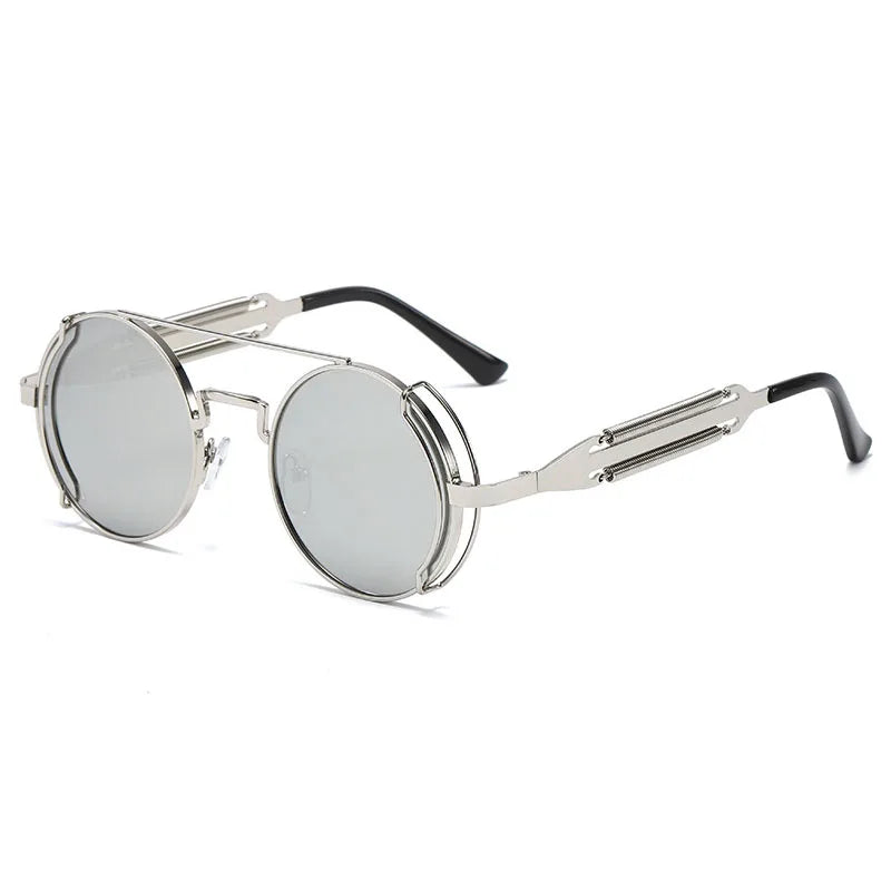 SO & EI-Round Steampunk Óculos de Sol para Homens e Mulheres, Metal Retro, Double Spring Eyewear, Único, Óculos de Sol, Moda, UV400