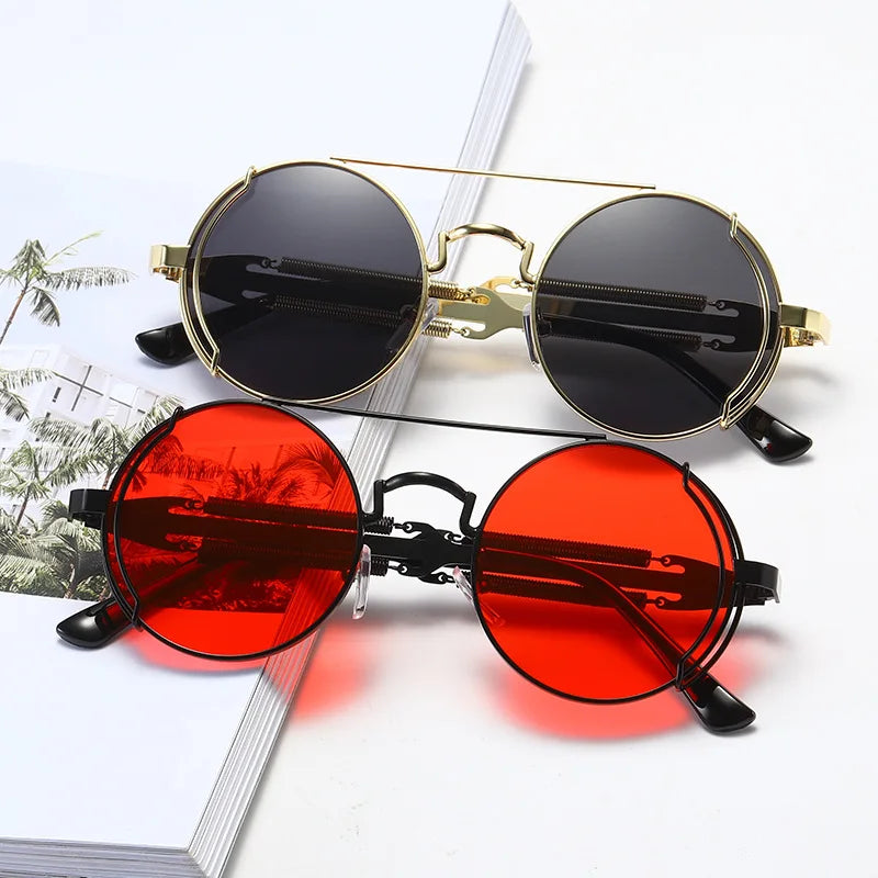 SO & EI-Round Steampunk Óculos de Sol para Homens e Mulheres, Metal Retro, Double Spring Eyewear, Único, Óculos de Sol, Moda, UV400