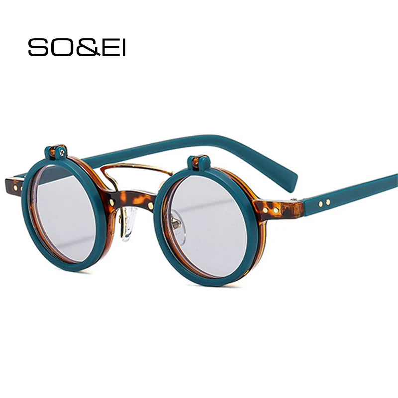 So & ei ins moda popular pequeno redondo punk pontes duplas mulheres óculos de sol retro flip lente tons uv400 homens rebites óculos de sol