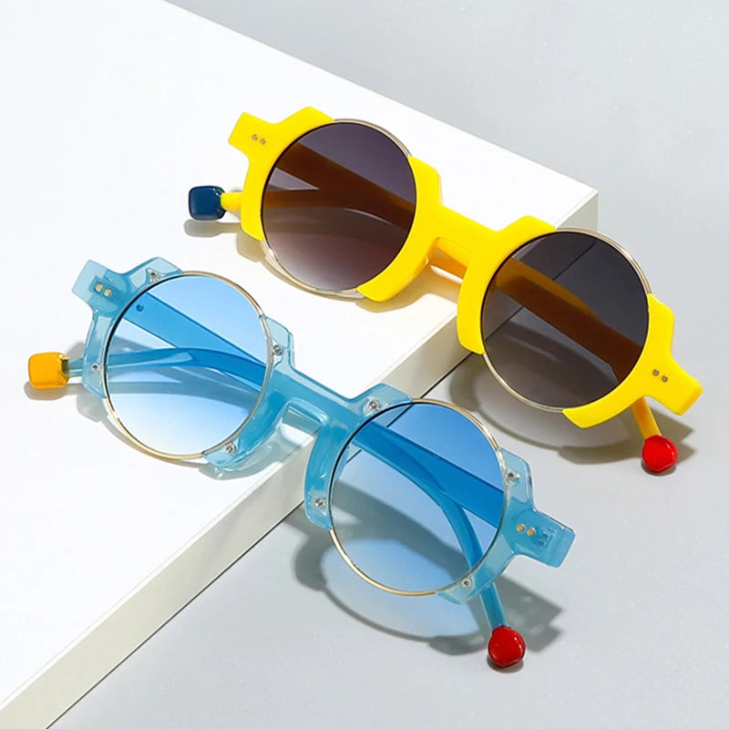 SO&EI Ins Moda Popular Rodada Mulheres Punk Óculos de Sol Retro Rebites Homens Tendências Amarelo Azul Óculos de Sol Gradiente Tons UV400