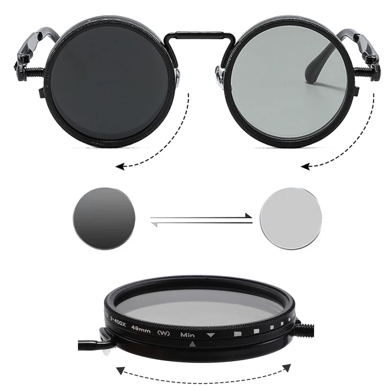 So & ei retro redondo punk masculino esportes ao ar livre polarizados óculos de sol tons uv400 feminino ND9-level ajustável escurecimento óculos de sol