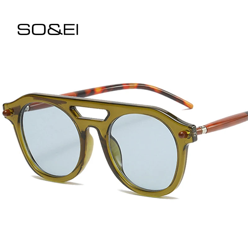 So & ei retro pontes duplas piloto masculino rebites óculos de sol moda claro gradiente tons uv400 marca feminina designer punk óculos de sol