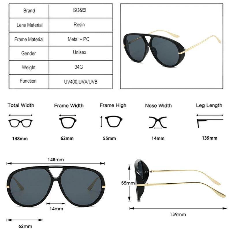 So & ei ins moda popular pontes duplas piloto feminino óculos de sol de grandes dimensões retro doce cor gradiente uv400 masculino punk óculos de sol